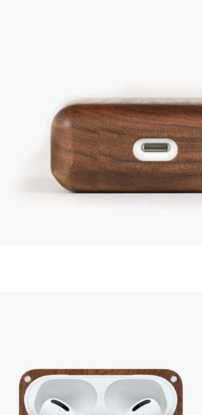 Solid wood hard shell earphone sleeve case compatible with Apple and Bluetooth wireless earphones.