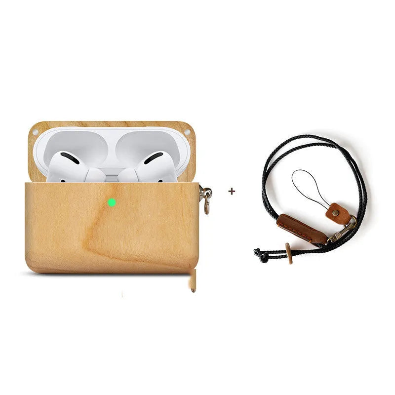 Solid wood hard shell earphone sleeve case compatible with Apple and Bluetooth wireless earphones.