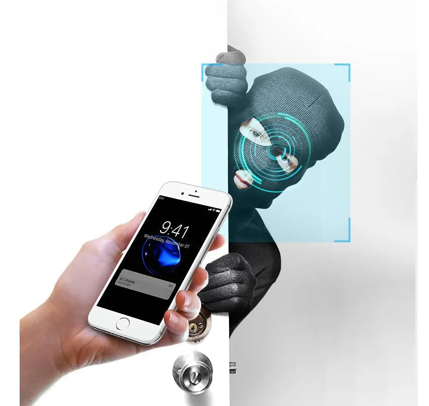 White wireless WiFi PTZ security camera on a table with a mobile phone showing its live feed.