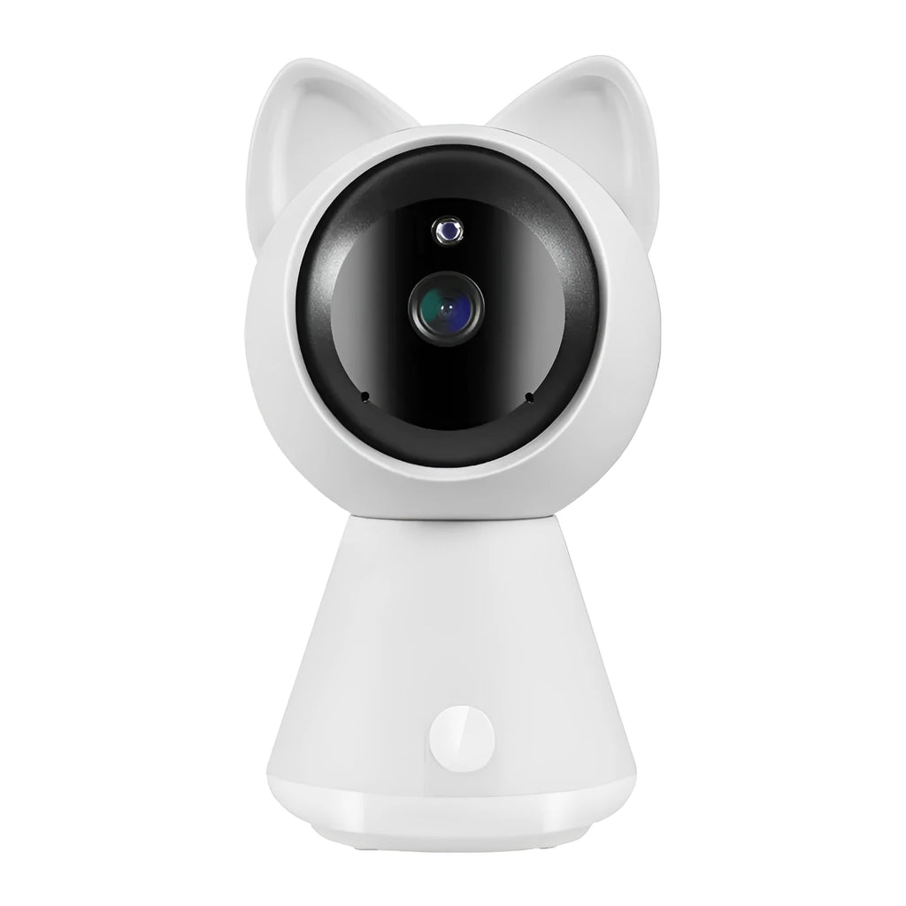 White wireless WiFi PTZ security camera on a table with a mobile phone showing its live feed.