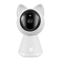 White wireless WiFi PTZ security camera on a table with a mobile phone showing its live feed.