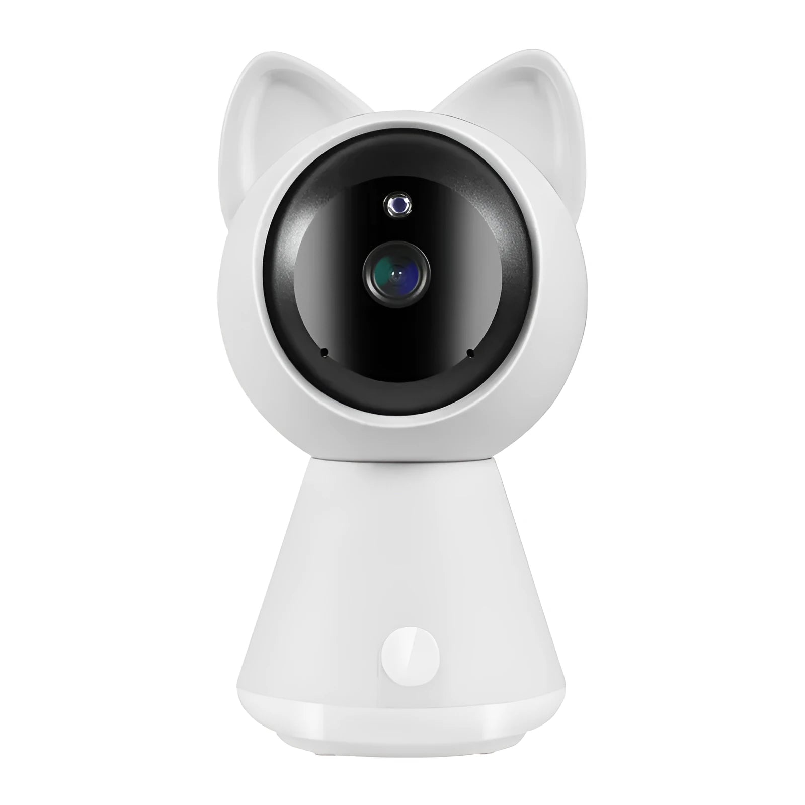 White wireless WiFi PTZ security camera on a table with a mobile phone showing its live feed.