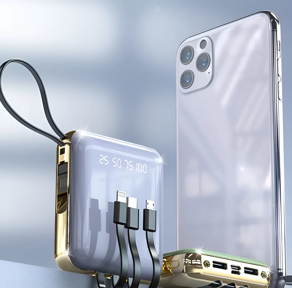 Four-wire power bank with digital display showing battery percentage and multiple USB charging ports