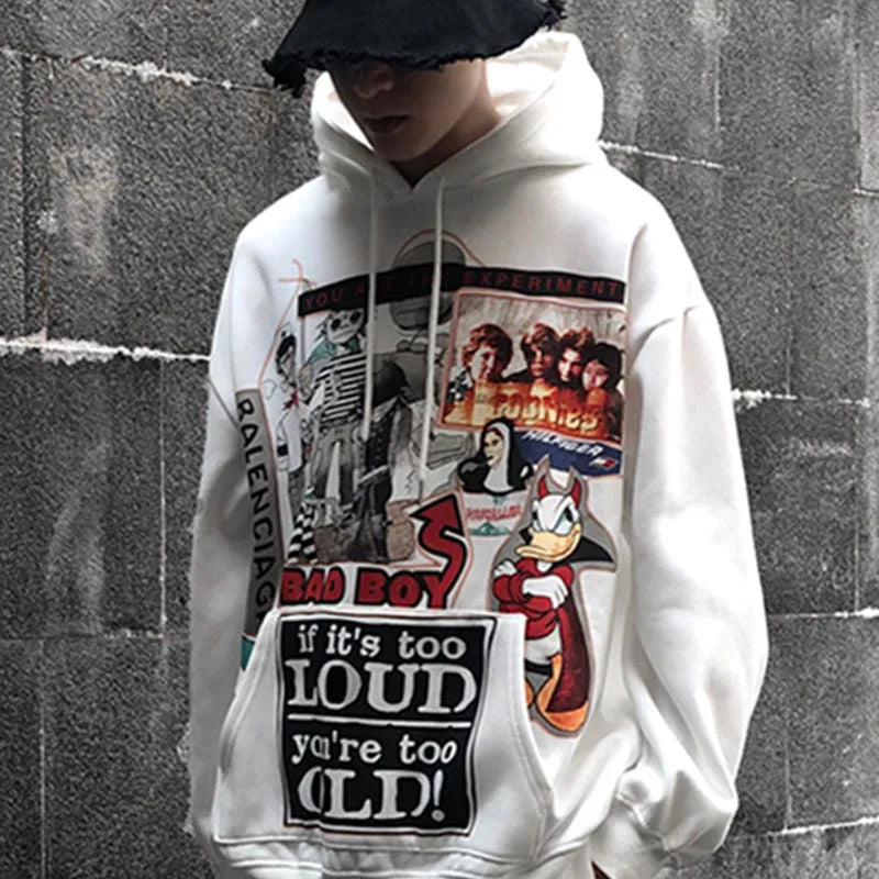 White hip hop hoodie with cartoon print, loose fit, long sleeves, polyester streetwear top