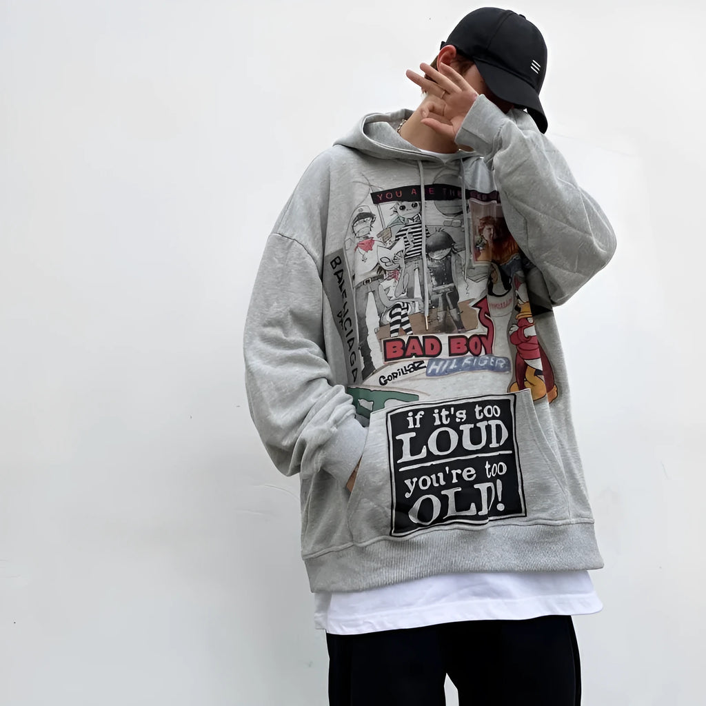 White hip hop hoodie with cartoon print, loose fit, long sleeves, polyester streetwear top