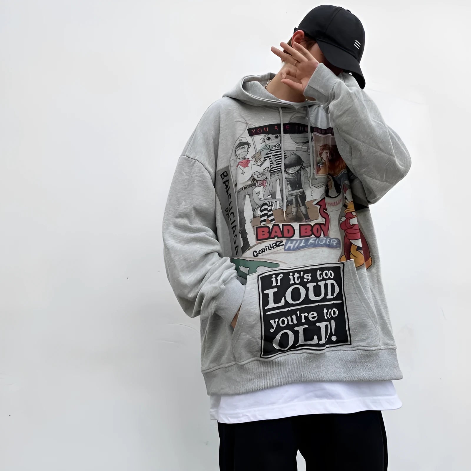 White hip hop hoodie with cartoon print, loose fit, long sleeves, polyester streetwear top