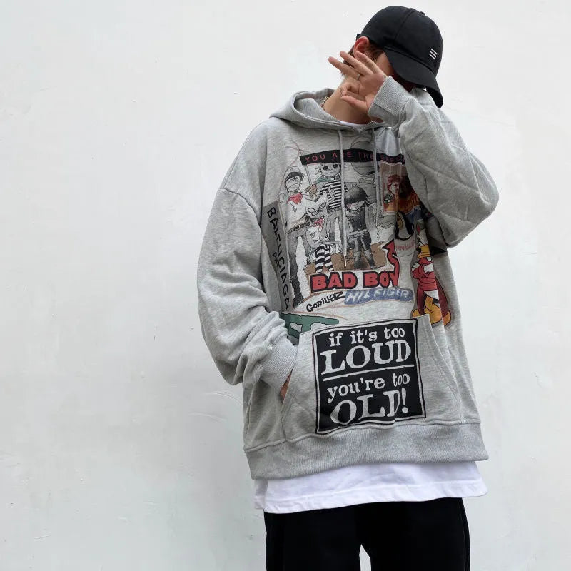 White hip hop hoodie with cartoon print, loose fit, long sleeves, polyester streetwear top