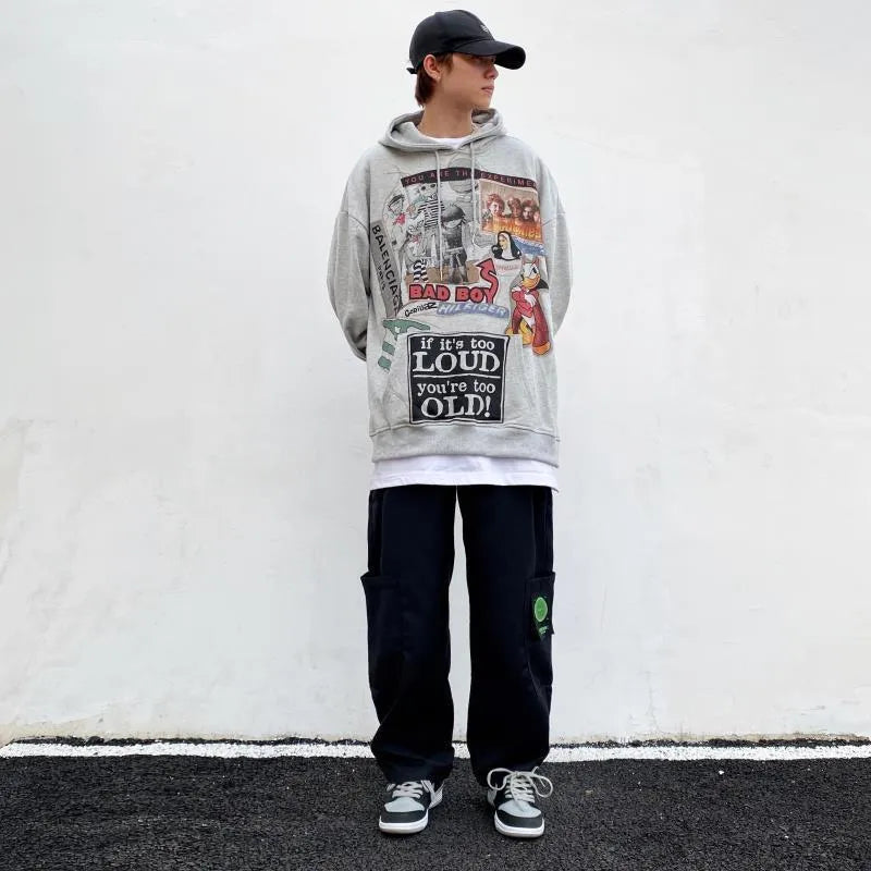 White hip hop hoodie with cartoon print, loose fit, long sleeves, polyester streetwear top