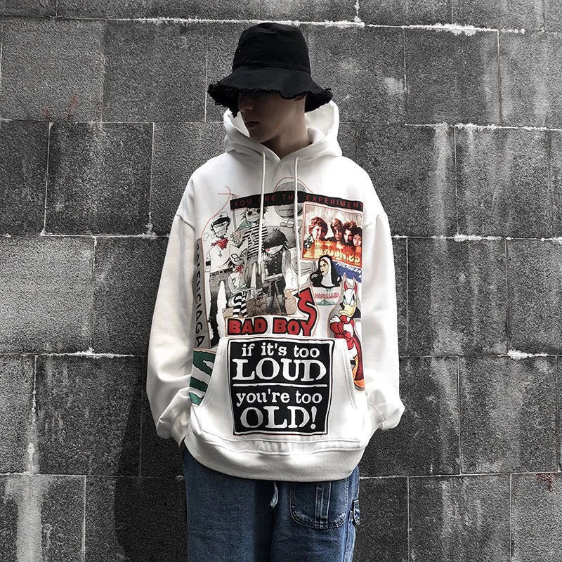 White hip hop hoodie with cartoon print, loose fit, long sleeves, polyester streetwear top