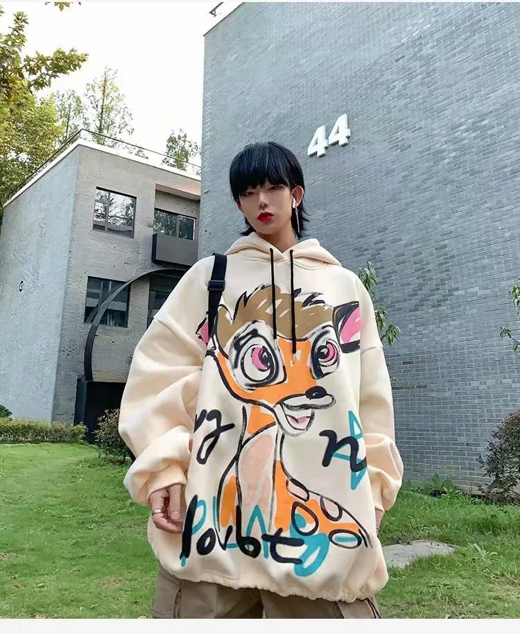 White hip hop hoodie with cartoon print, loose fit, long sleeves, polyester streetwear top
