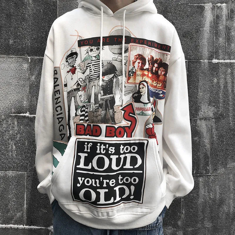 White hip hop hoodie with cartoon print, loose fit, long sleeves, polyester streetwear top