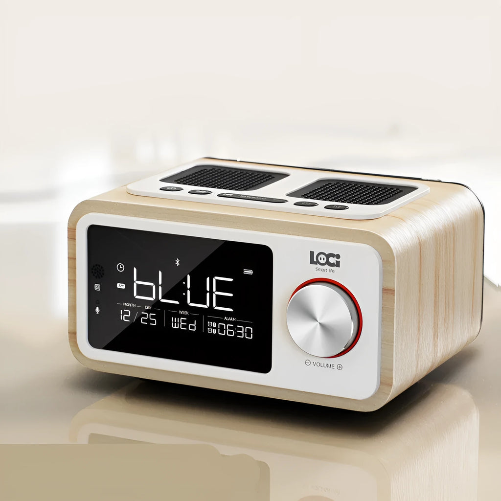 Compact wooden Bluetooth speaker alarm clock radio in golden oil or wood colour finish