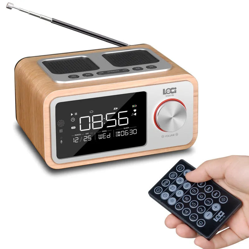 Compact wooden Bluetooth speaker alarm clock radio in golden oil or wood colour finish