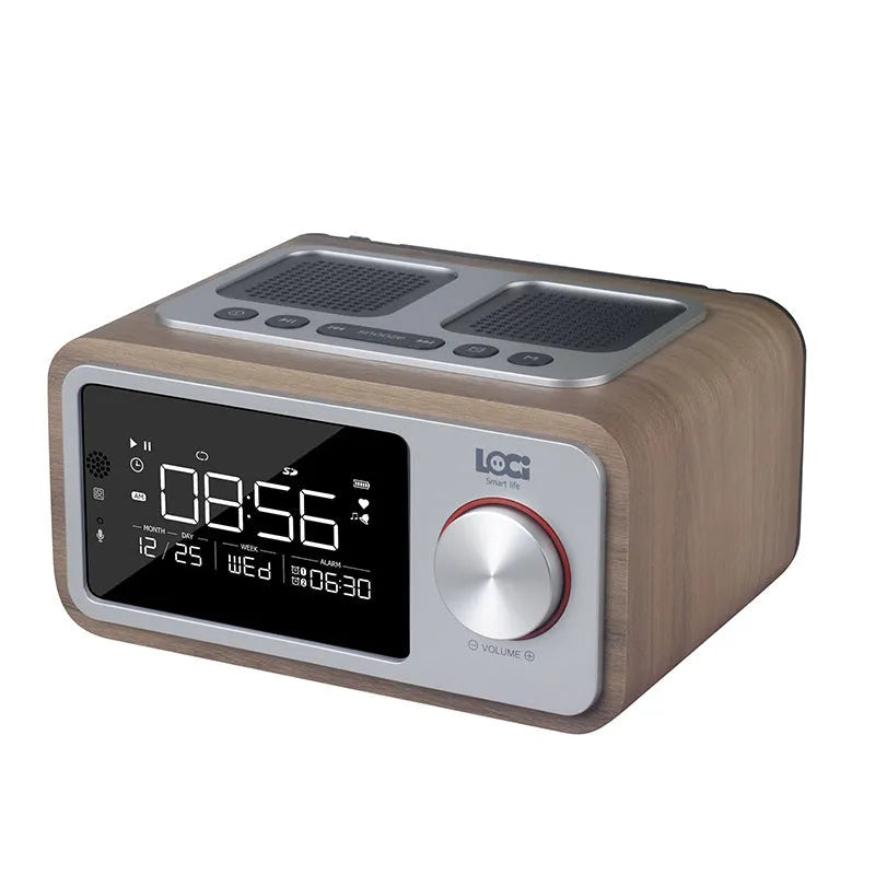 Compact wooden Bluetooth speaker alarm clock radio in golden oil or wood colour finish