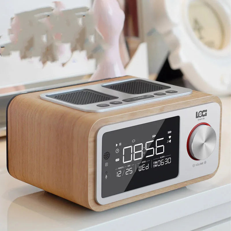 Compact wooden Bluetooth speaker alarm clock radio in golden oil or wood colour finish
