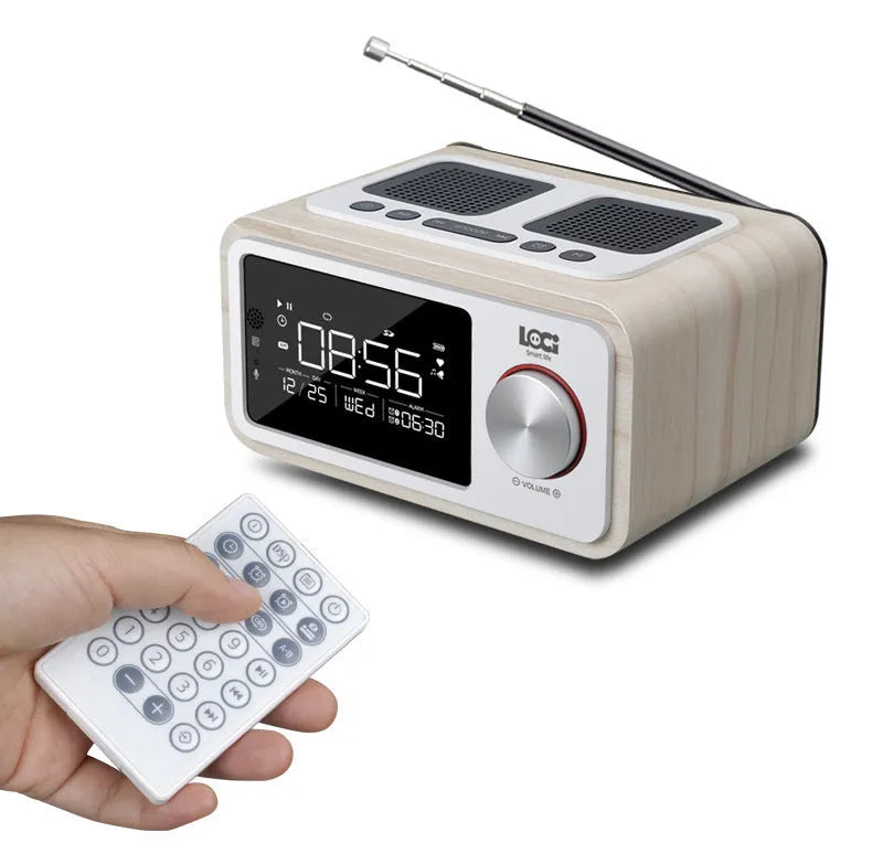 Compact wooden Bluetooth speaker alarm clock radio in golden oil or wood colour finish