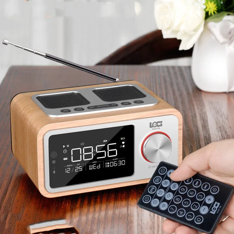Compact wooden Bluetooth speaker alarm clock radio in golden oil or wood colour finish