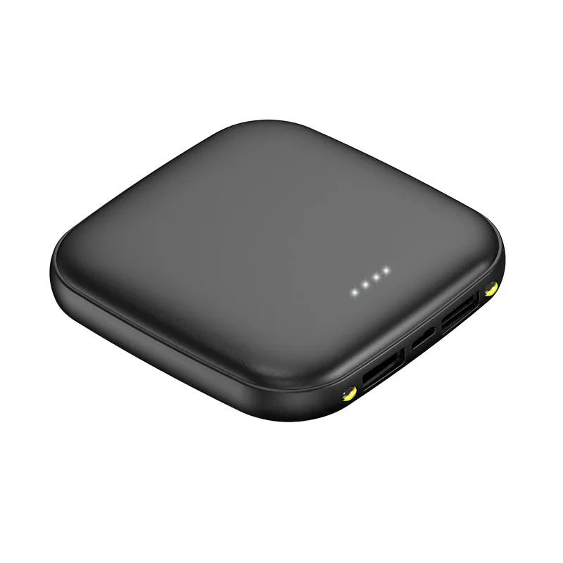 Compact black mini power bank with LED flashlight showing size scale