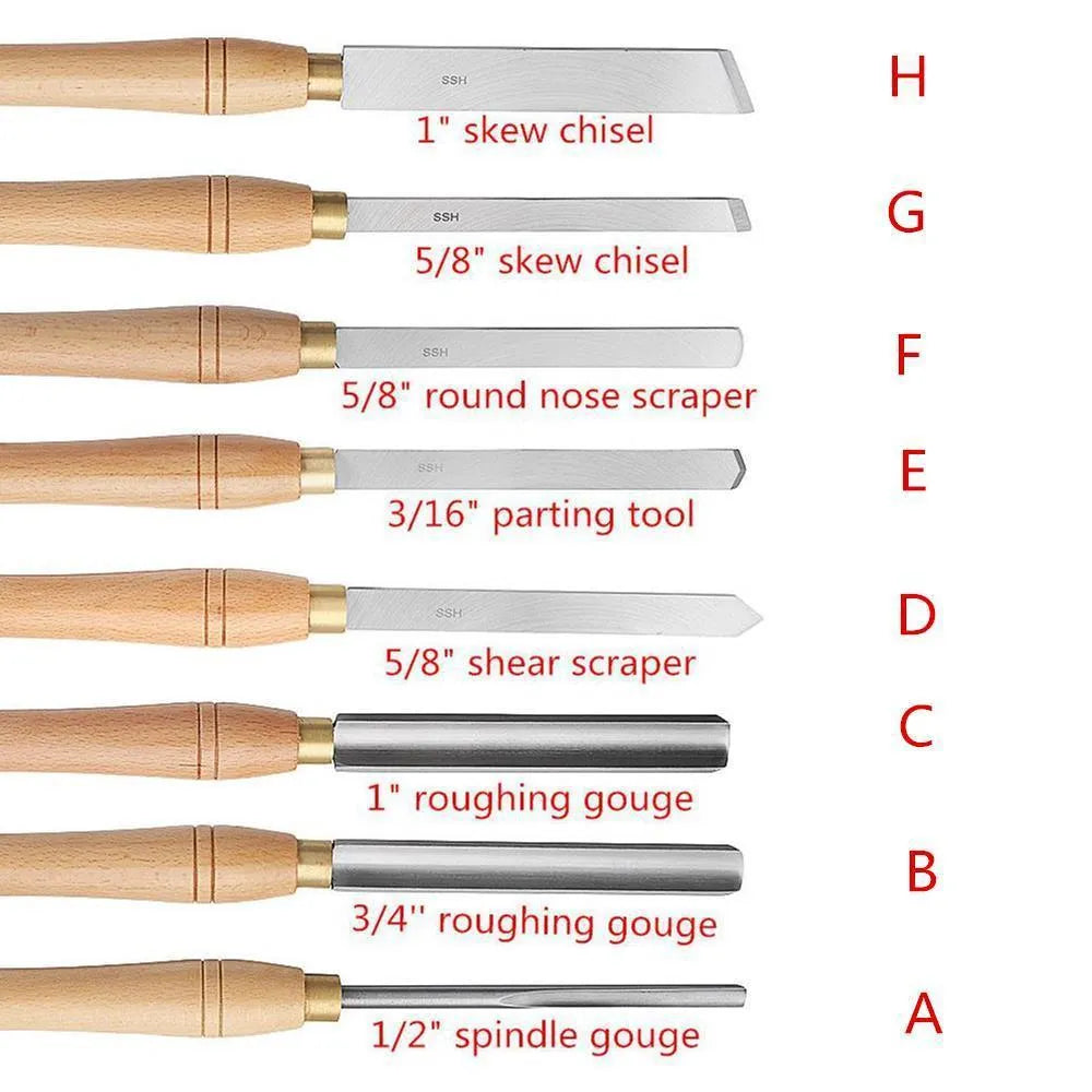 Eight chrome vanadium steel turning tools presented in an open wooden storage box