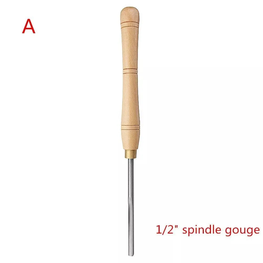 Eight chrome vanadium steel turning tools presented in an open wooden storage box