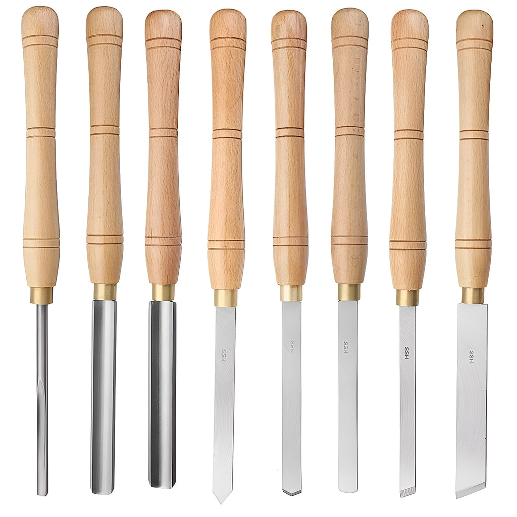 Eight chrome vanadium steel turning tools presented in an open wooden storage box