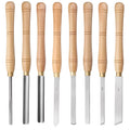 Eight chrome vanadium steel turning tools presented in an open wooden storage box