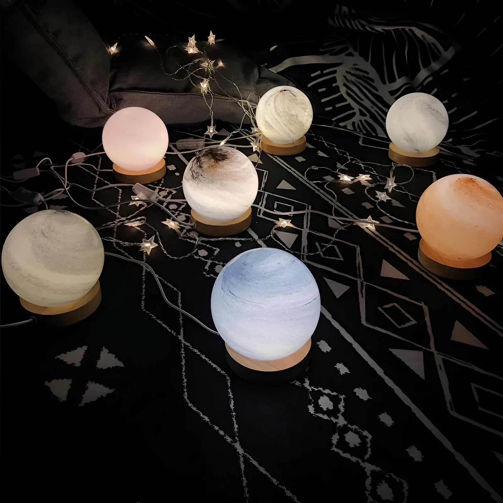 Nordic style table lamp with glass shade in various colours, powered by USB.