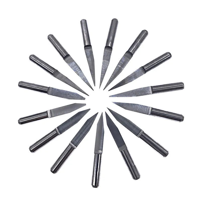 Ten tungsten steel milling cutters with 45-degree pointed knives for acrylic engraving in compact packaging