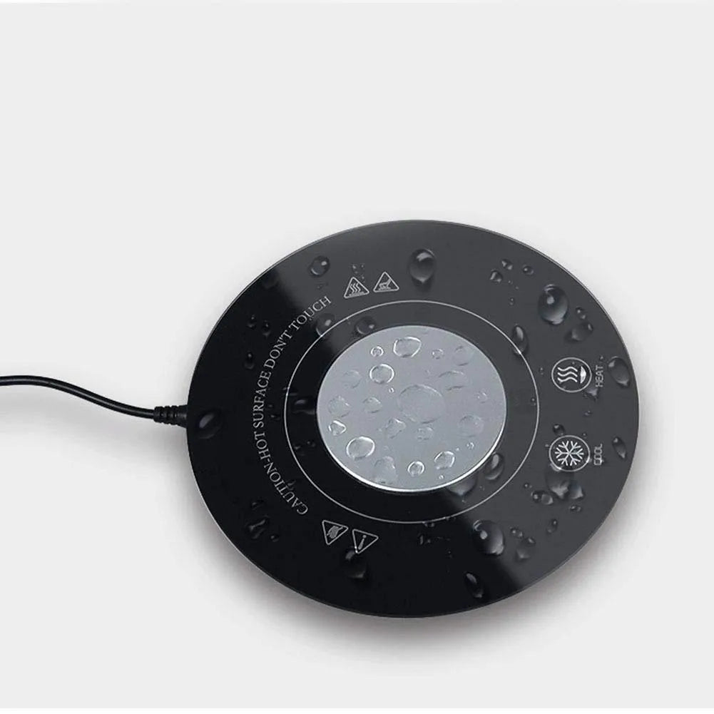 USB-powered hot and cold beverage coaster in black or white with tempered glass surface