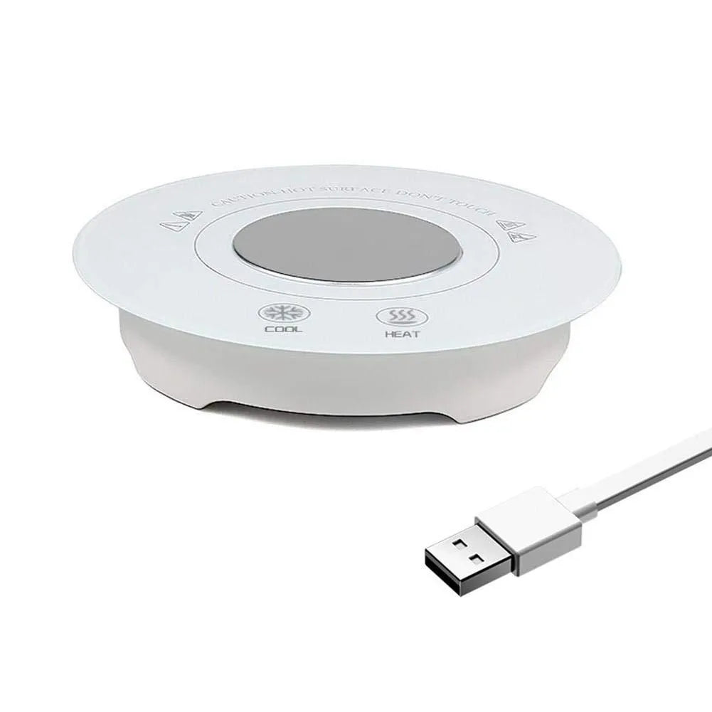 USB-powered hot and cold beverage coaster in black or white with tempered glass surface