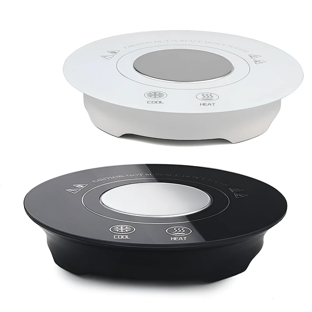USB-powered hot and cold beverage coaster in black or white with tempered glass surface