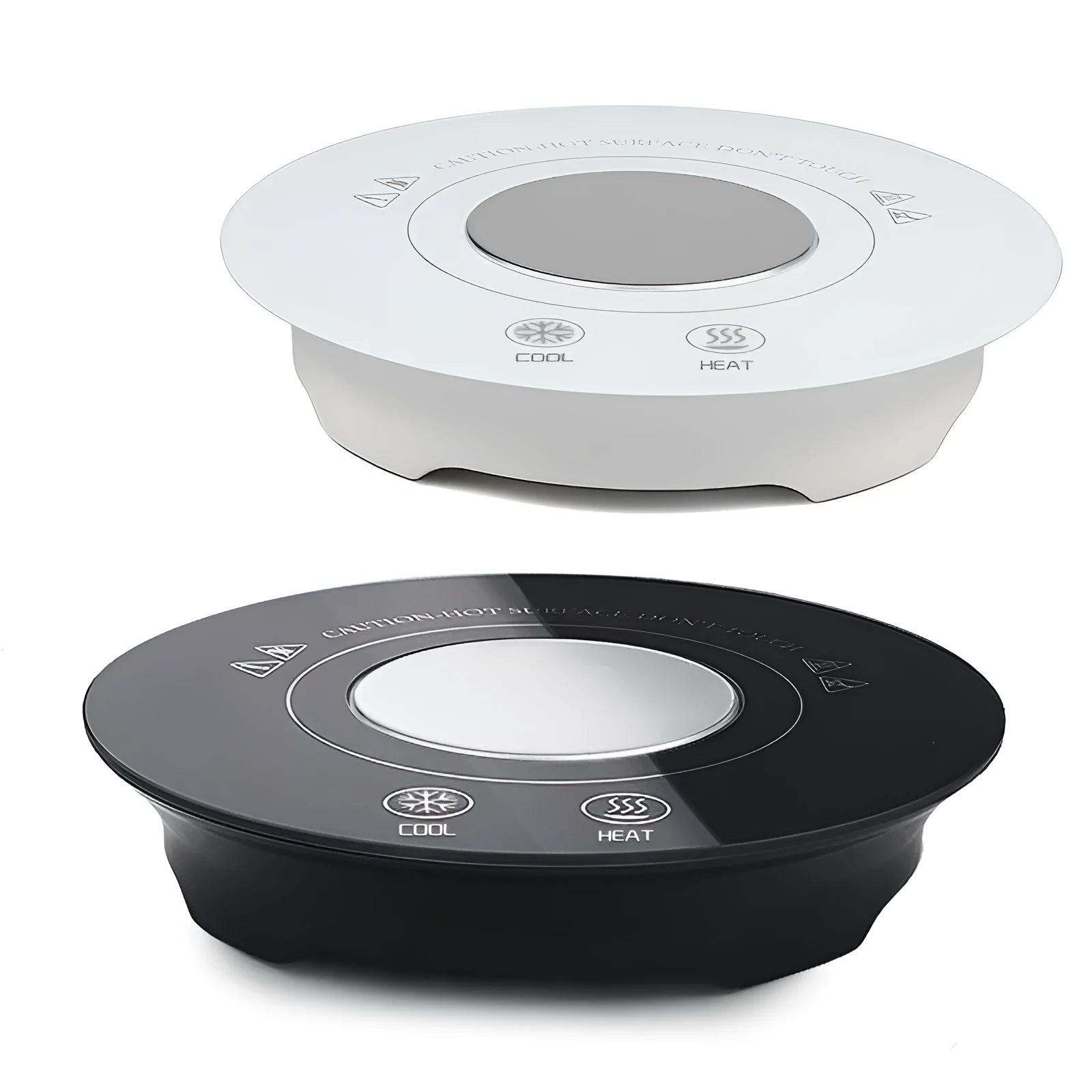 USB-powered hot and cold beverage coaster in black or white with tempered glass surface