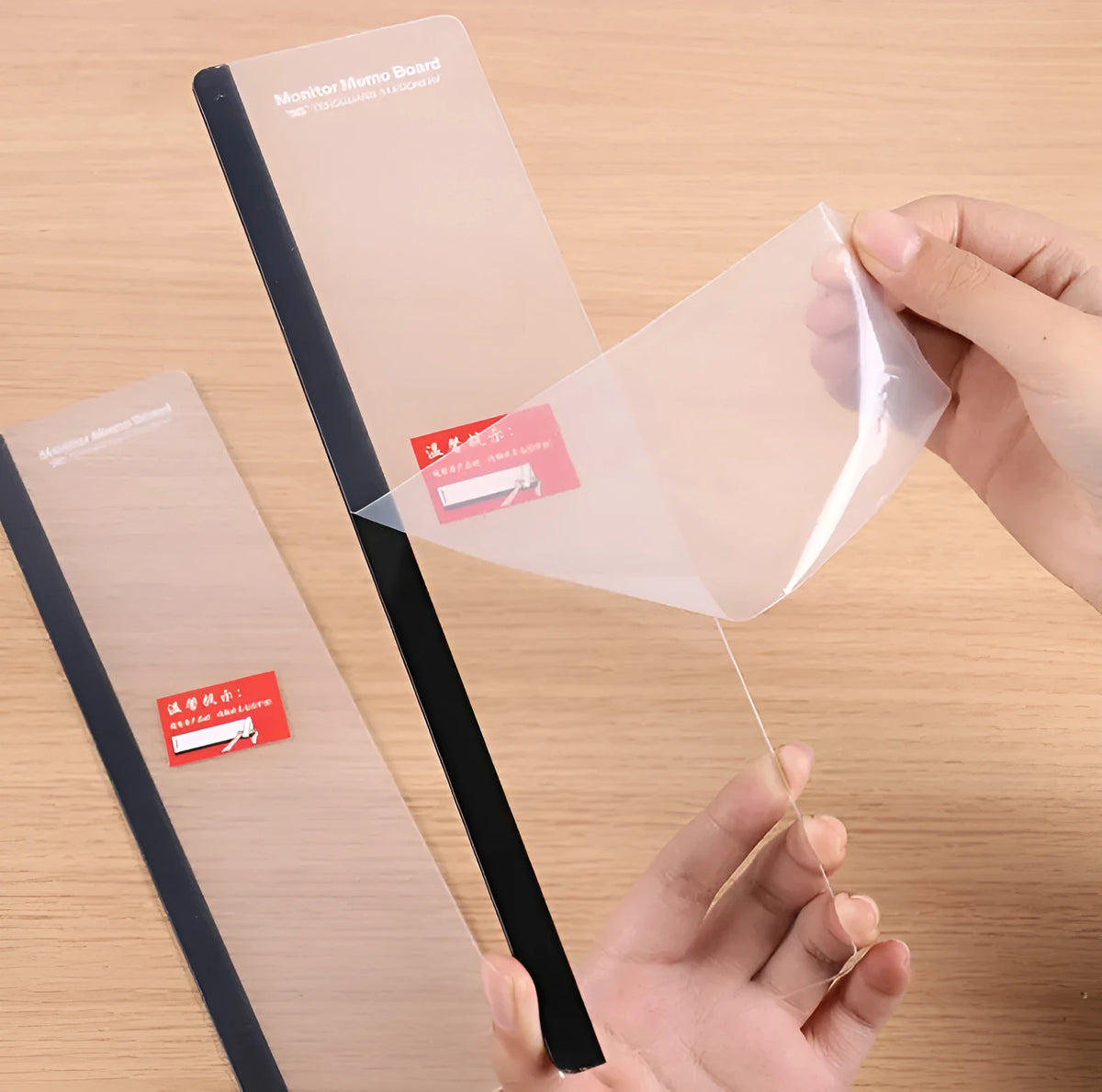 Clear acrylic computer monitor side pane note board measuring 28x7.8cm attached to a monitor