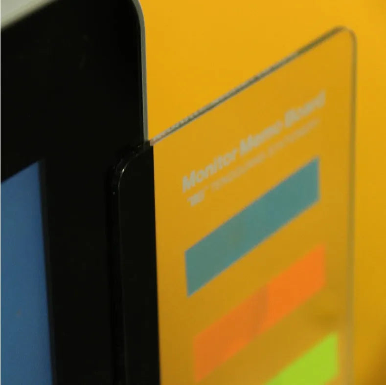 Clear acrylic computer monitor side pane note board measuring 28x7.8cm attached to a monitor