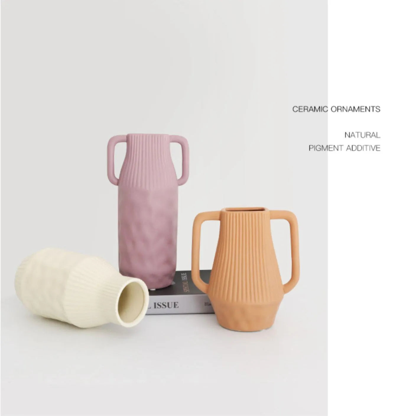 Nordic style Morandi ceramic vase with hammer texture in beige, brown, or purple colours.