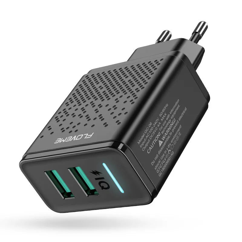 Fromi dual port USB charger with EU plug in black or white colour showing two USB ports
