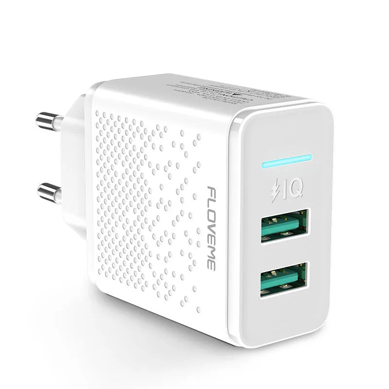 Fromi dual port USB charger with EU plug in black or white colour showing two USB ports