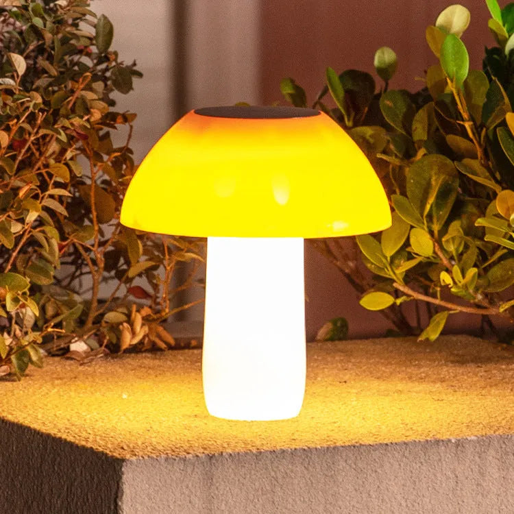 Solar mushroom ground plug light for garden landscape with ground spike installation