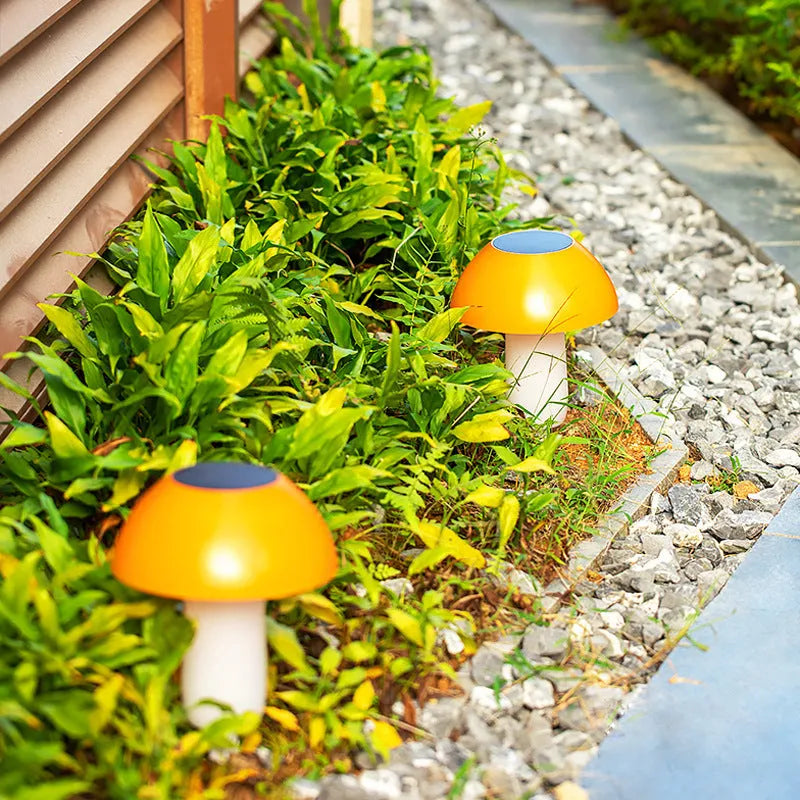 Solar mushroom ground plug light for garden landscape with ground spike installation