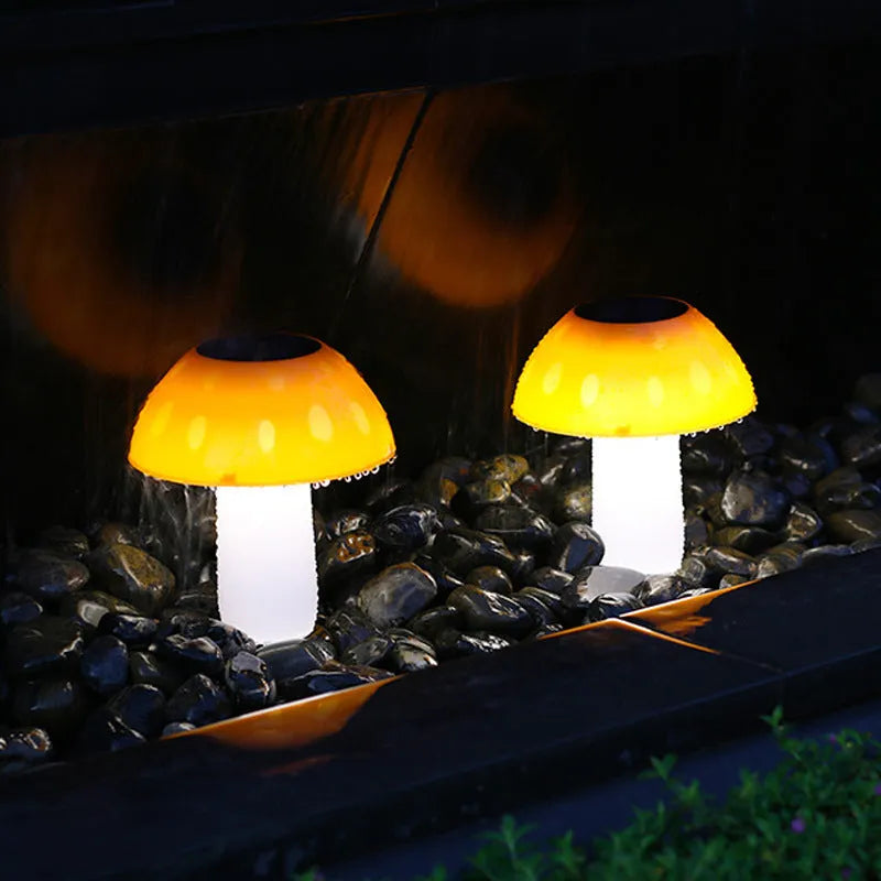 Solar mushroom ground plug light for garden landscape with ground spike installation