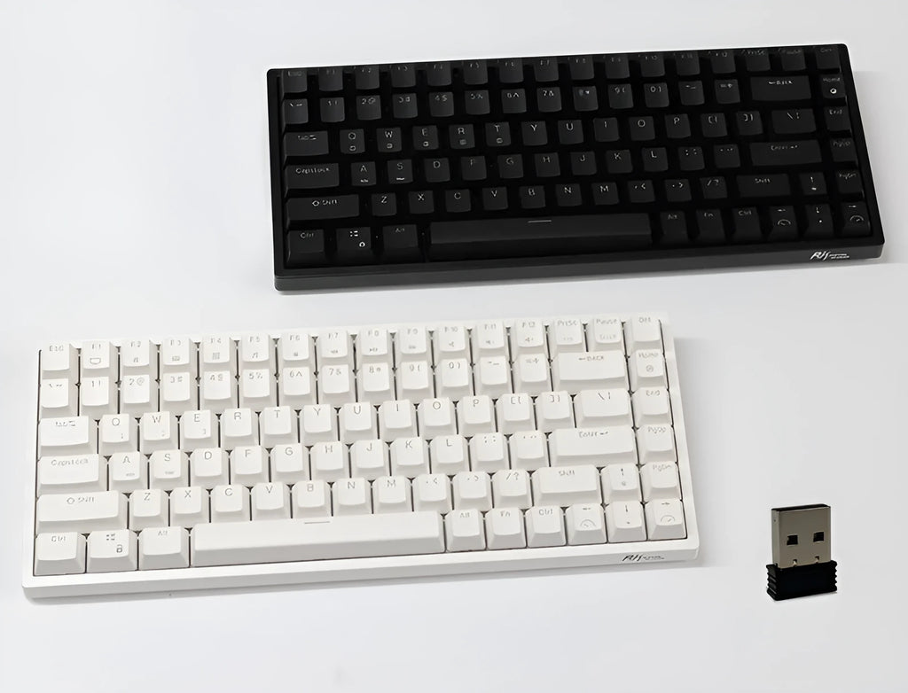 Customisable 84-key wireless mechanical keyboard in white or black with choice of red, tea, or green switches.