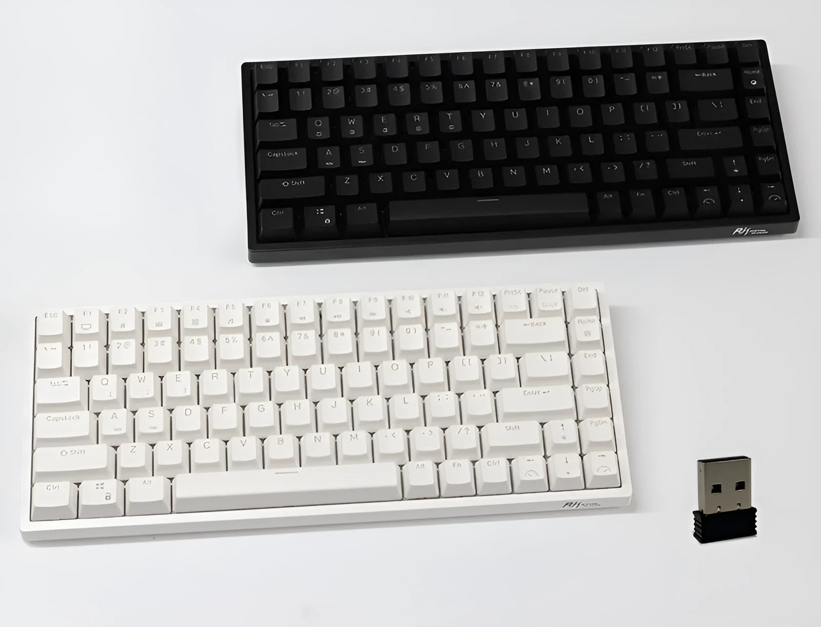 Customisable 84-key wireless mechanical keyboard in white or black with choice of red, tea, or green switches.