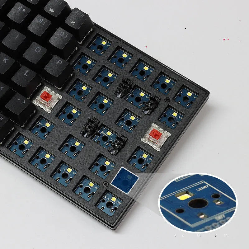 Customisable 84-key wireless mechanical keyboard in white or black with choice of red, tea, or green switches.