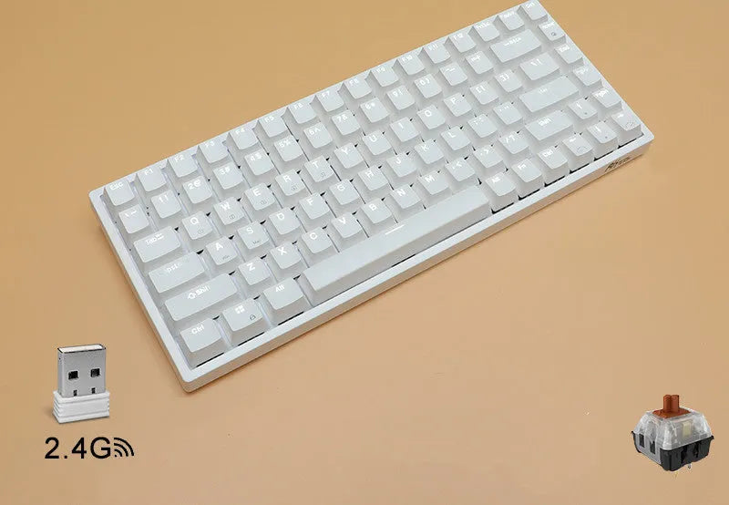 Customisable 84-key wireless mechanical keyboard in white or black with choice of red, tea, or green switches.