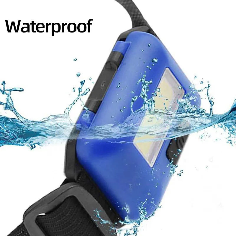 Compact black, blue, or red outdoor mini COB LED headlight with adjustable polyester strap.
