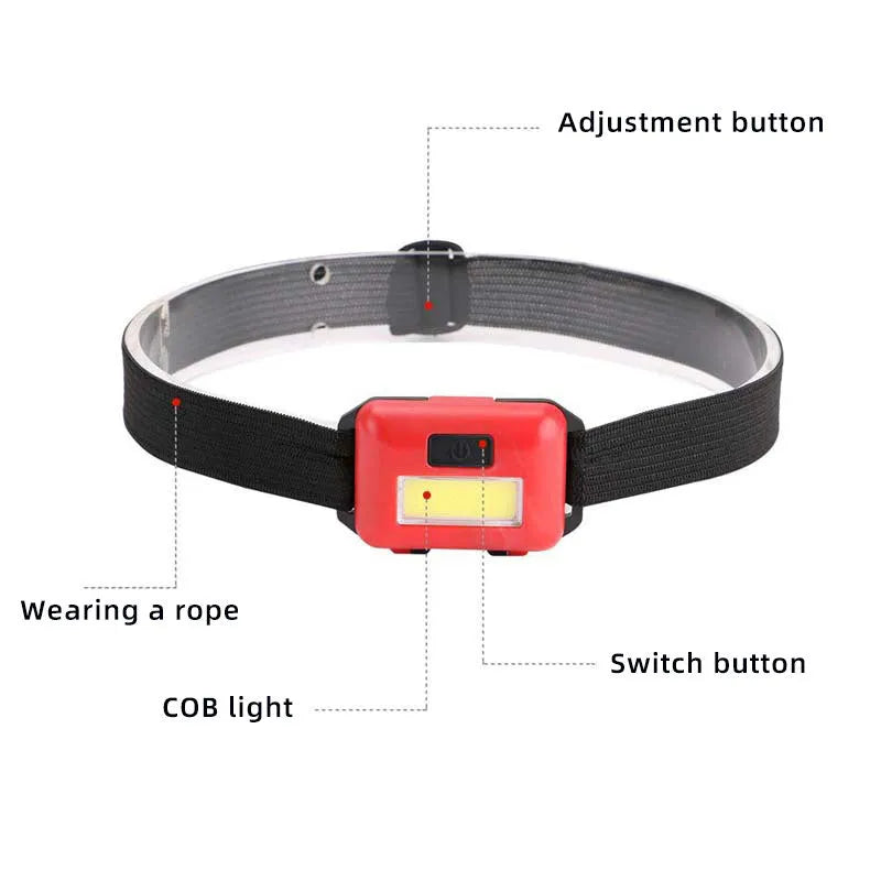 Compact black, blue, or red outdoor mini COB LED headlight with adjustable polyester strap.
