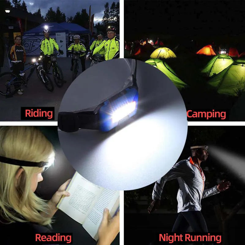 Compact black, blue, or red outdoor mini COB LED headlight with adjustable polyester strap.