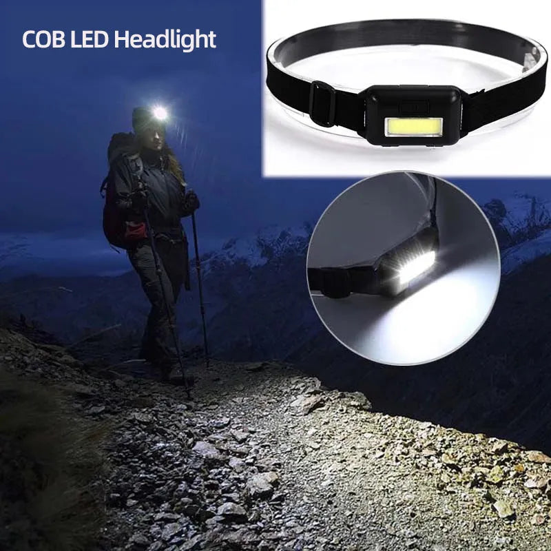 Compact black, blue, or red outdoor mini COB LED headlight with adjustable polyester strap.