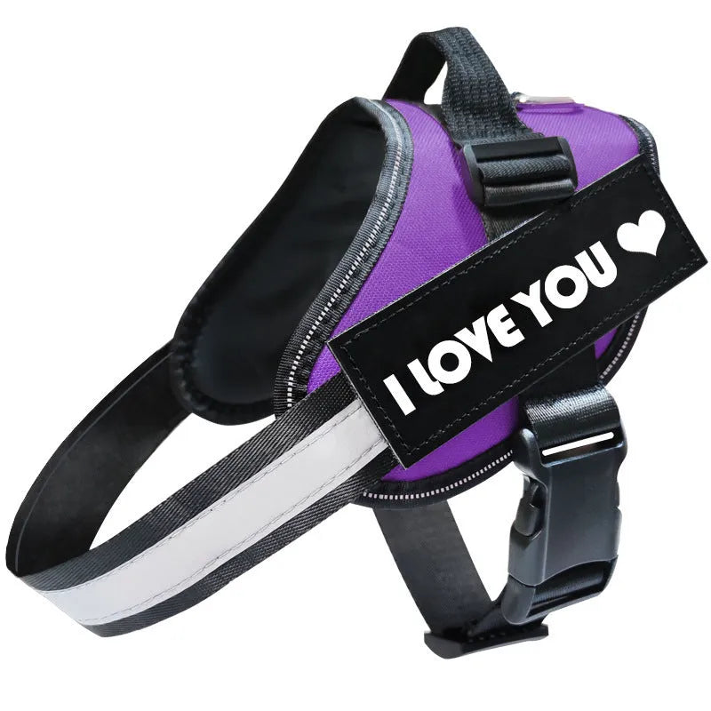 Reflective polyester dog harness chest strap in black with adjustable straps on a neutral background
