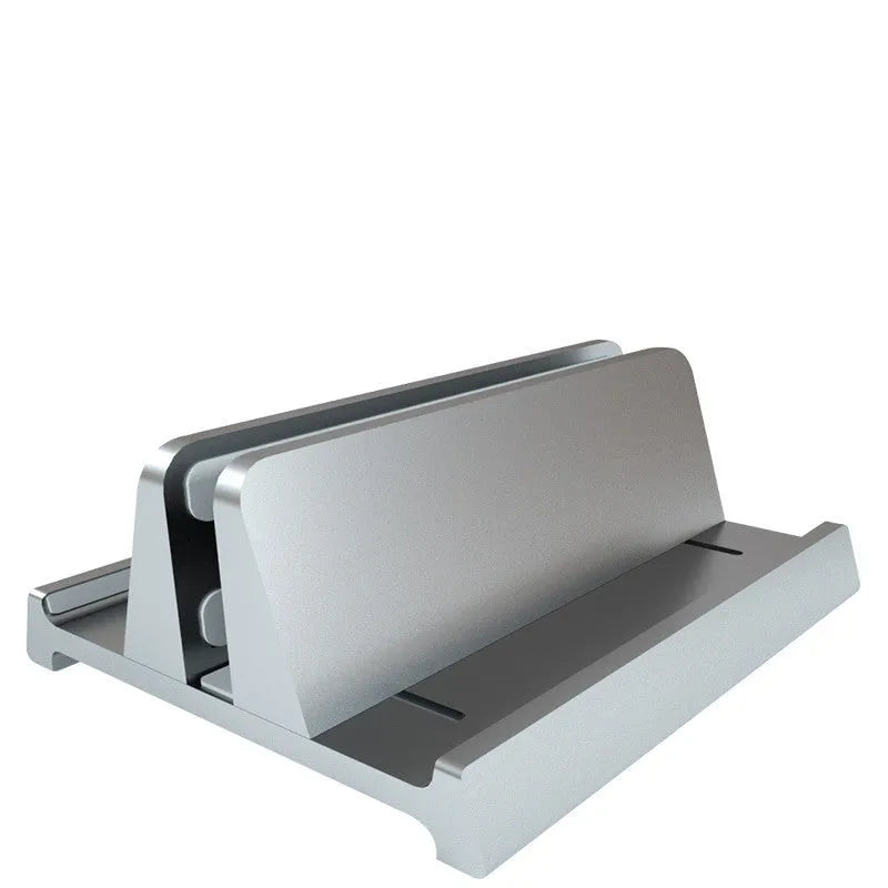 Aluminium alloy vertical stand holding a MacBook laptop upright